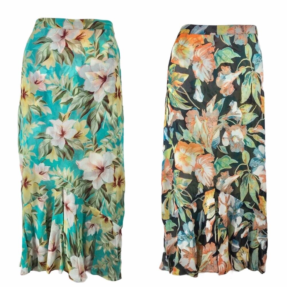Reversible Floral Skirt Black Pink Green Hawaiian Tropical Flowers Print